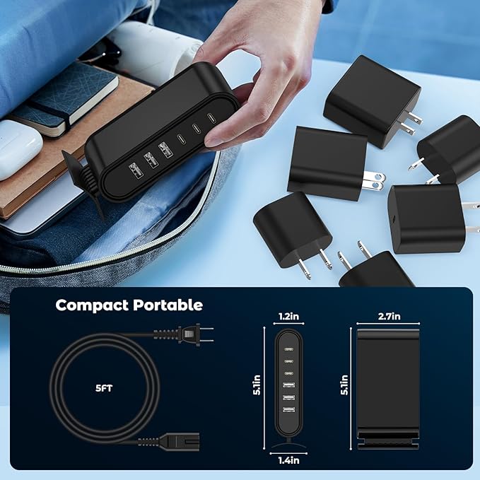 USB C Charger Block Charging Station,6 Port 3 Type C & 3 USB A Fast Charging Hub, Multi Device Wall Plug Brick for Apple iPhone 17 16 Pro Max/17 Air/15/14/iPad/Samsung Galaxy S25 Ultra/S24/S23/Android