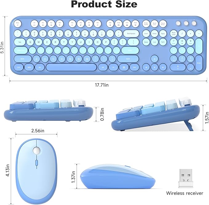 Wireless Keyboard Mouse Combo, Typewriter Full Size Keyboard with Number Pad and 2 in 1 USB Connected Mouse for PC Computer Laptop Desktop Windows 7 8 10 11 (Blue Colorful)