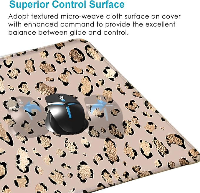 Large Gaming Mouse Pad, Desk Pad, Computer Keyboard Mouse Mat Non-Slip Mousepad Rubber Base and Stitched Edges for Gamer Home&Office, 31.5x11.8 Inch, Leopard Print Gold Shining Spots