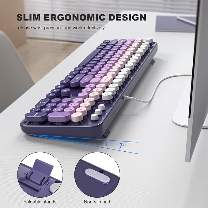 Wired Keyboard, Full-Sized Typewriter Keyboards, USB Plug and Play Office Keyboard with Number Pad, Caps Indicators, Foldable Stands for Windows, PC, Laptop, Desktop (Purple)
