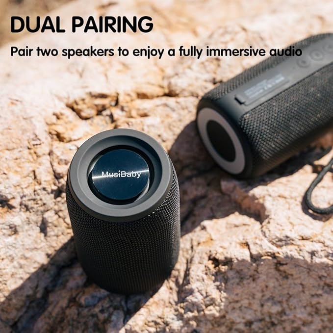 MusiBaby M68 Portable Bluetooth Speaker – Wireless Waterproof Sound for Home and Outdoor Use – Deep Bass, Dual Pairing, 24H Playtime, Compact Design (Black)