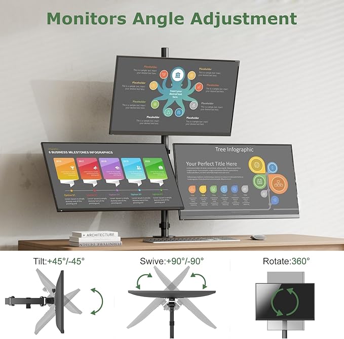 UPGRAVITY 3 Monitor Desk Mount for 17 to 32 inch Screens, Fully Adjustable Triple Monitor Stand with Tilt,Swivel,Rotate, Each Arm Holds up 17.6 lbs,VESA Mount 75x75/100x100mm, Clamp & Grommet Kit