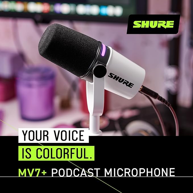 Shure MV7+ Podcast Dynamic Microphone – OBS Certified, Enhanced Audio, LED Panel, USB-C & XLR Outputs, Auto Level Mode, Digital Pop Filter, Reverb Effects – For Podcasting, Streaming, Recording, White