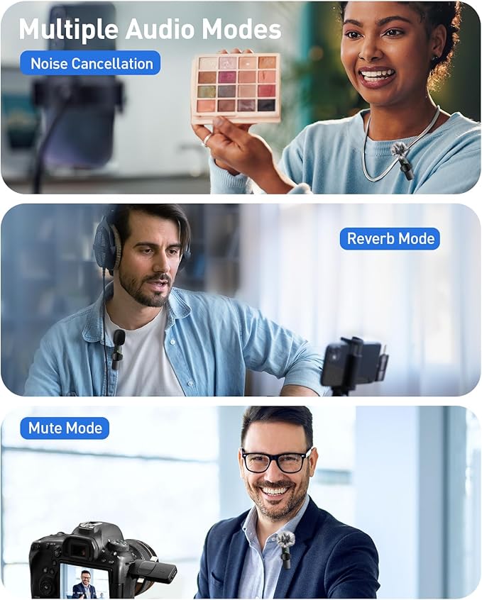3-in-1 Mini Microphone for iPhone: Wireless Lavalier Microphone with 80ft Range & 15H Battery - Noise Reduction Lapel Mic, Real-Time Monitoring for Video Recording, Vlog, Bright Black