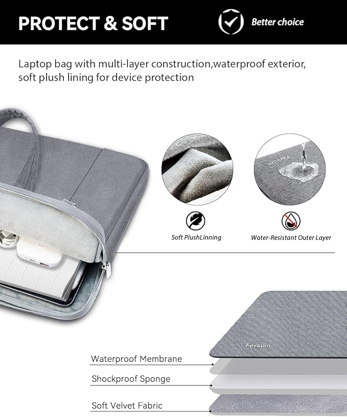 Ferkurn 15.6 16 Inch Laptop Case Bag for Women Men Compatible with MacBook Pro M5/HP OmniBook Omen Envy/Lenovo Yoga IdealPad/Dell Pro Inspiron, Carrying Briefcase Computer Messenger Bag Case, Grey