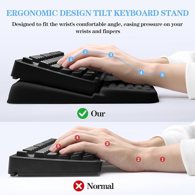 Ergonomic Keyboard Stand with Wrist Rest, Computer Wrist Support Pad, Tilted Keyboard Riser Holder Lift Tray with Wrist Pad, Easy Typing, Comfy Soft Memory Foam Desk Cushion for Office (03- Black)