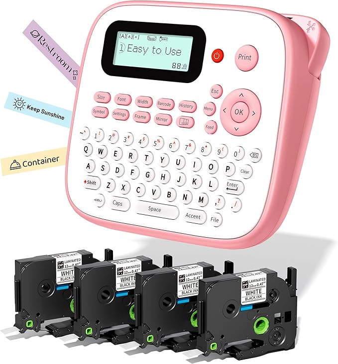 Label Maker Machine with Tapes Bundle, Pink Label Maker Waterproof-Labels, Desktop Labeler Machine with 4PK Tapes Laminated White for Home Kids School Items, Keyboard Labeler with 16 Fonts 800+ Icons