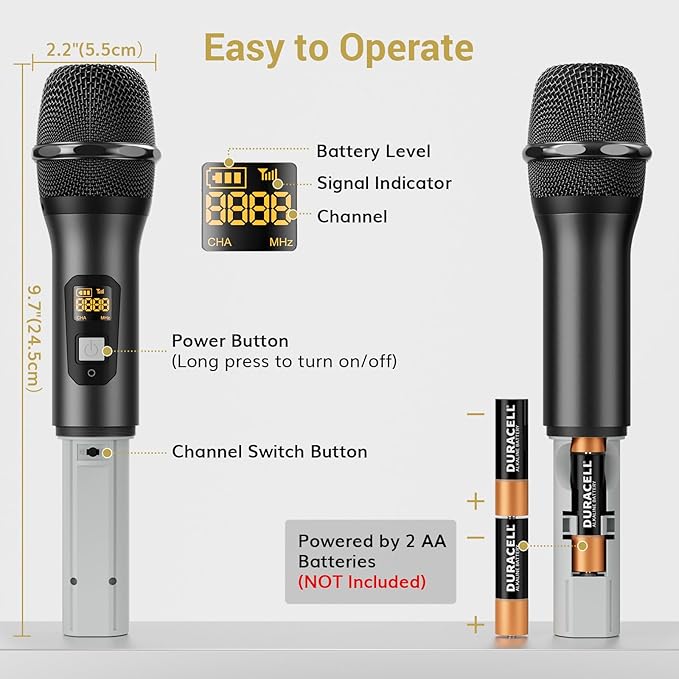 TONOR Wireless Microphones System, 2 * 15 Channel Metal Professional UHF Cordless Dynamic Handheld Mics with Receiver for Home Karaoke, Meeting, Party, Church, DJ, Wedding, KTV, 200ft, TW-820 Black