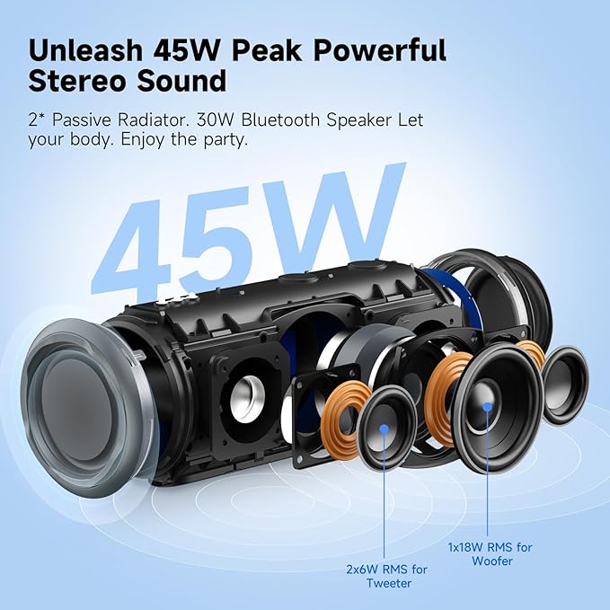 30W Loud Outdoor Portable Bluetooth Speaker, IPX7 Waterproof - Dustproof Wireless Speaker with Mega Bass, 8 - Hour Playtime, TWS Pairing, for Home, Party, Outdoors, Travel