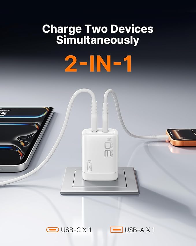 INIU for iPad Air Pro Charger, 30W PD QC Fast Charging, Dual Port Foldable iPad Charger with Black Cable, GaN Tech USB C Power Adapter for iPhone 17 16 Pro Max, iPad 11 Air, Kindle Samsung S25 White