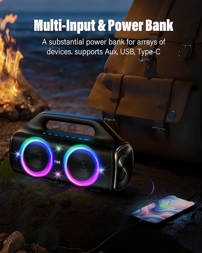 Speakers, 80w (Peak) Portable Wireless Speaker with Lights, Stereo Loud Sound, IP67 Waterproof, Deep Bass Outdoor Speakers Bluetooth 5.3 Dual Pairing for Home Party Beach Camping, Gifts