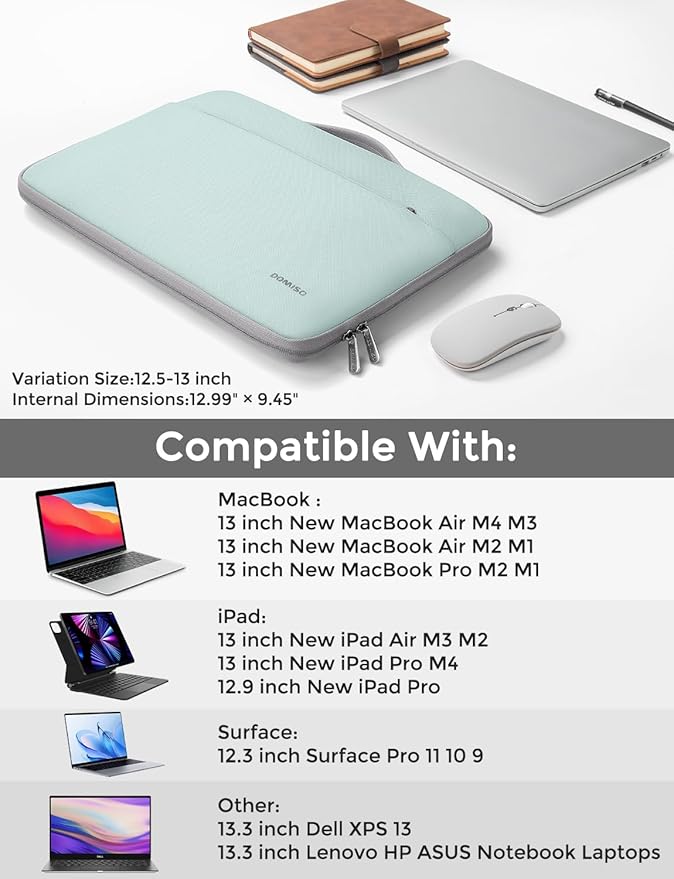 DOMISO Laptop Case Sleeve Protective Cover Compatible with MacBook Air 13 M4 M3 M2,MacBook Pro M2 M1,iPad Air/Pro,13 inch Dell,Lenovo, HP,Asus,Waterproof Computer Cases Bag with Handle,Mint Green