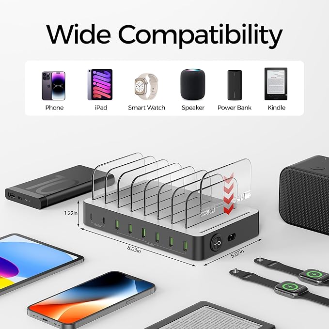 Unitek 8 Port USB Charger Dock - 2 PD 20W USB-C + 6 USB-A Ports Fast Charging Station for iPhone, iPad, Samsung Devices - Black Multi Tablet Holder & Organizer