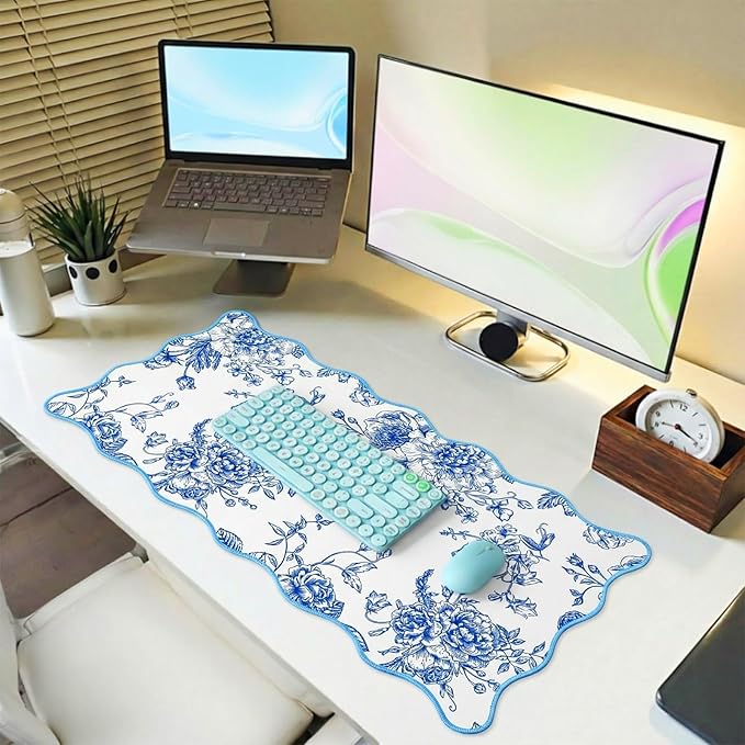 Kingdder Scalloped Desk Mat Large Blue and White Floral Chinoiserie Mouse Pad 31.5" x 15.7" Aesthetic Vintage Nonslip Rubber Base Keyboard Pad for Laptop Computer Dorm Home Office Gaming