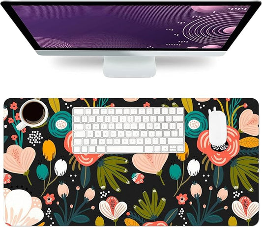 Desk Mat Large Protector Pad 23.6" ×11.8", Non-Slip PU Leather Desk Blotter, Waterproof Mouse Pad for Office Home Black Floral