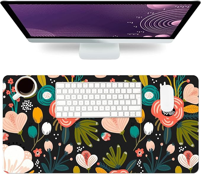 Desk Mat Large Protector Pad 27.5" ×13.8", Non-Slip PU Leather Desk Blotter, Waterproof Mouse Pad for Office Home Black Floral