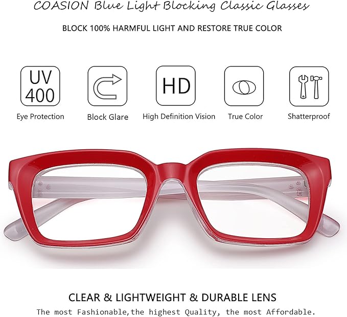 COASION Blue Light Blocking Eyeglasses Classic Thick Square Rim Frame Eyewear for Women Men
