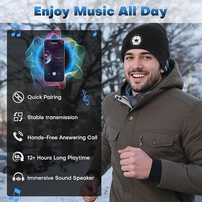 Bluetooth Beanie with Light, USB-C Charging 5 LED Flashlight Hat, Built-in Stereo Speakers Mic, Christmas Stocking Stuffers White Elephant Gifts for Men Dad Teens Boys for Camping Fishing