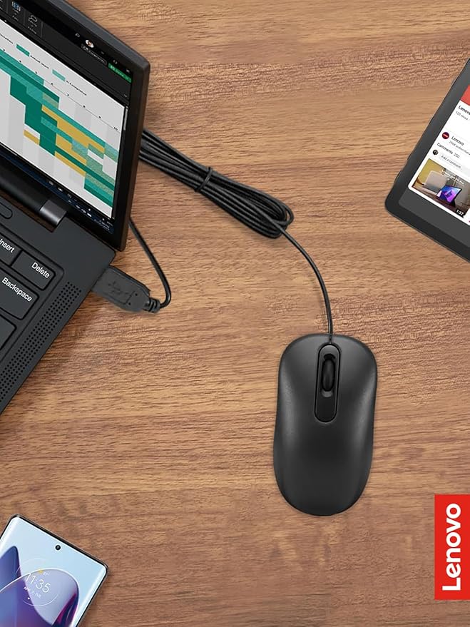 Lenovo 100 Wired USB Computer Mouse for PC, Laptop, Computer with Windows - Full-Size - Ambidextrous Design - 3 Buttons - Red Optical Sensor ?€? Black