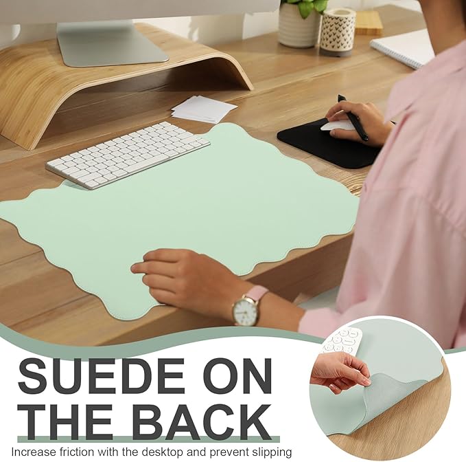 Scalloped Desk Mat Leather Desk Pad Protector Non-Slip PU Leather Table Protector Waterproof Mouse Pad Keyboard Mat Curly Mousepad PC Accessories Gift for Office Home (Sage Green)