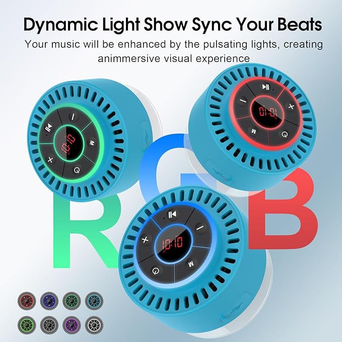 Bluetooth Speaker, Shower Speaker IPX7 Waterproof, Speakers Bluetooth Wireless with Rich Bass, Portable Speaker with LED Light, Suction Cup,8H Playtime, for Bathroom Party Beach, Ideal Gifts, Blue