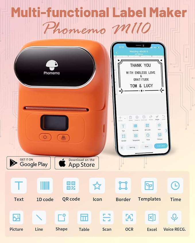 Memoqueen M110 Label Maker Machine-Barcode Label Printer, Portable Sticker Maker for Price Tag, Logo,Address, Mailing, Home, Office & Small Business, Compatible with Phones&PC Orange
