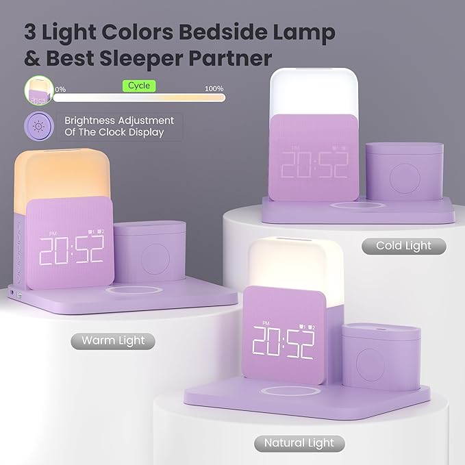 7 in 1 Charging Station for iPhone, Wireless Charging Station, Alarm Clock, Night Light, Wireless Charger for iPhone 17 16 15 14 13 12 Pro Max & Apple Watch - Charging Stand Dock for AirPods(Purple)