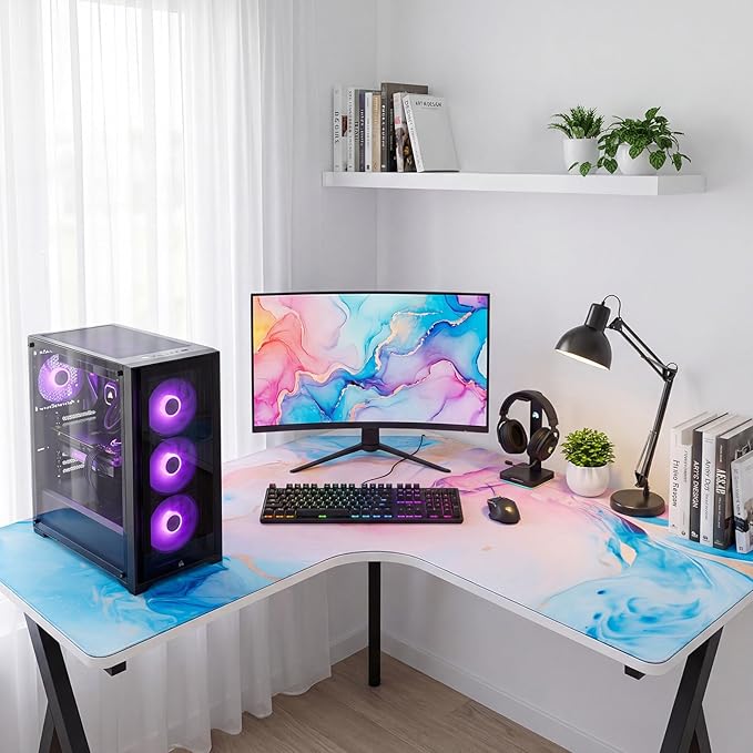 L Shaped Desk Mat for Corner, Large Extended Mouse Pad with Non-Slip Rubber Base, Blue&Pink Waterproof Desk Protector for Office & Gaming Setup