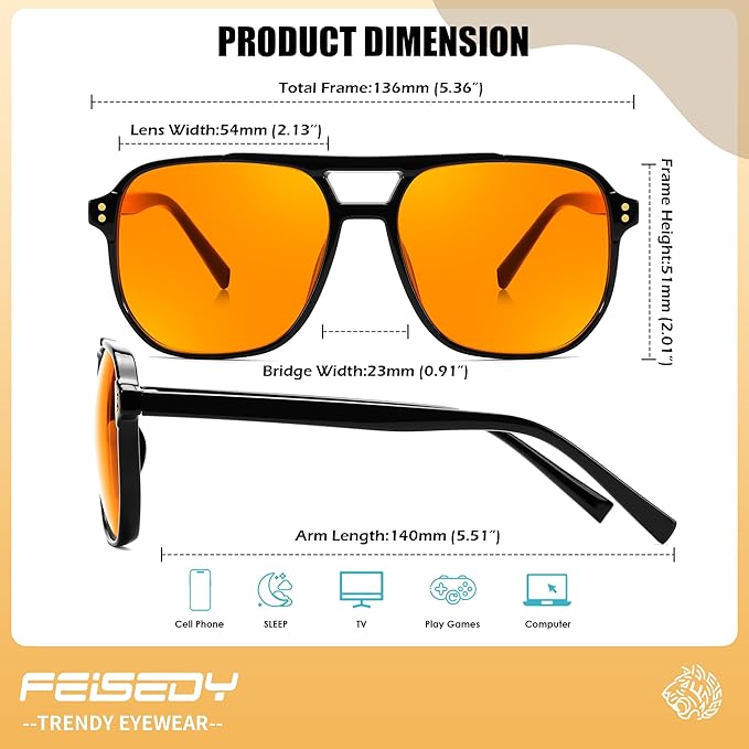 FEISEDY Amber Blue Light Glasses for Computer Gaming Orange/Yellow lens Anti Eyestrain Sleep Glasses G2835