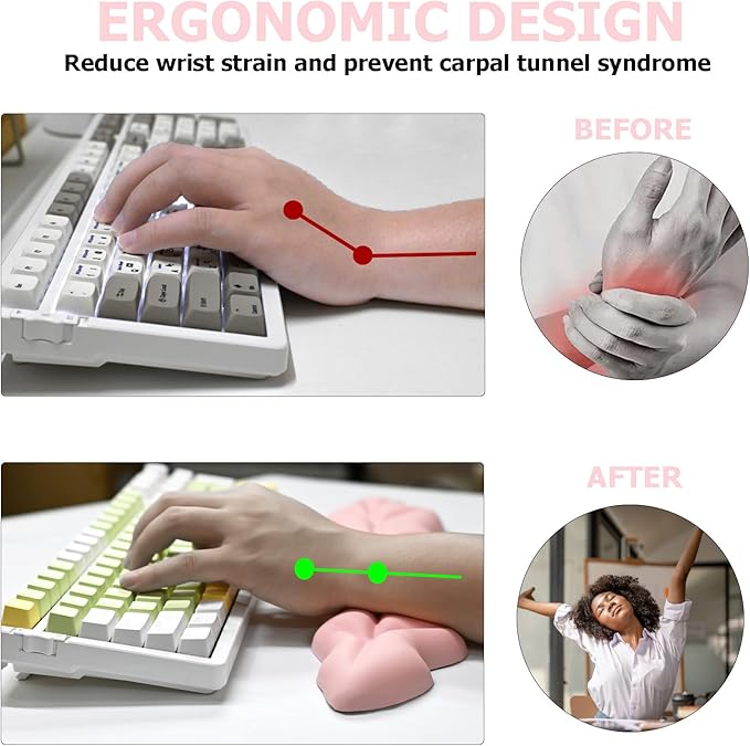 Ergonomic Keyboard Wrist Rest, Leaf Shape PU Leather Memory Foam Wrist Support for Computer Keyboard, Keyboard Pad and Cute Mouse Wrist Pad for Gaming,Office, Computer, Typing Pain Relief, Pastel Pink