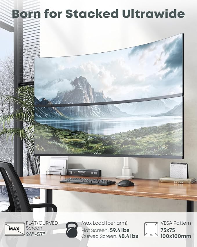 Dual Monitor-Arm Heavy Duty Ultrawide - 24-57 inch Vertical Dual Monitor Mount, Adjustable Stacked Double Monitor Desk Mount Stand, Max Load 59.4 lbs (per Arm), VESA 75/100 mm, White