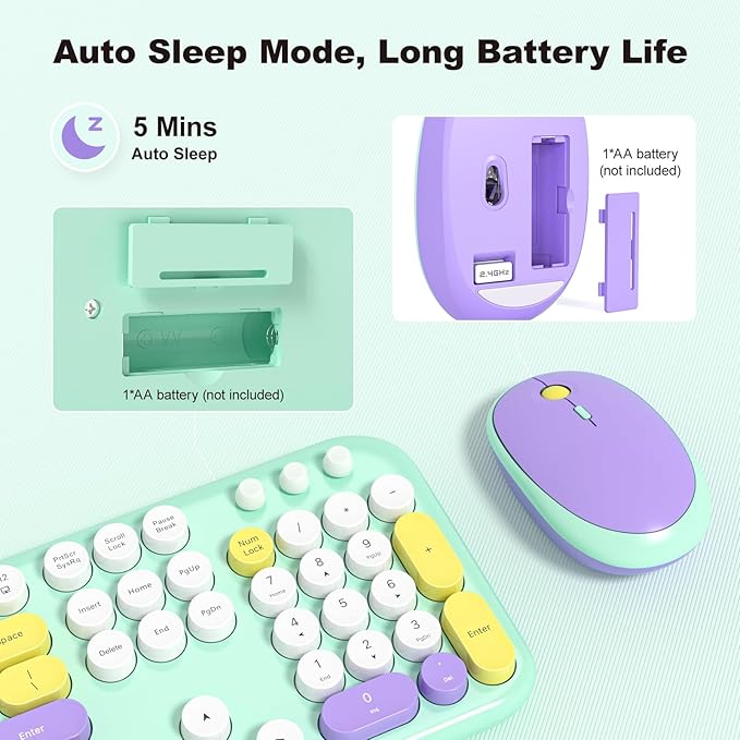 Wireless Keyboard and Mouse Combo, USB 2.4GHz Full Size Typewriter Keyboard with Number Pad and Colorful Mouse for Office PC Computer Desktop Laptop Windows 7 8 10 (Mint Green)