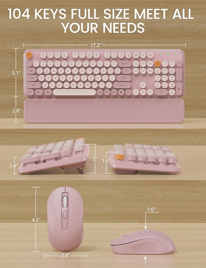 Wireless Keyboard and Mouse Combo, Typewriter Keyboard with Detachable Wrist Rest, Full-Size Retro Round Keycaps, Smart-Sleep, 2.4GHz Stable Connection for Mac/Windows/PC, Trueque(Dusty Rose)