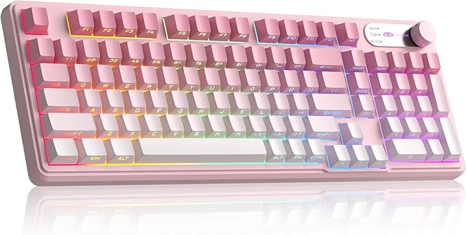 MageGee GK960 Wireless Gaming Keyboard, RGB Tri-Mode Wired/BT/2.4G Creamy Keyboard with Number Pad, 4000mAh Battery, Knob Control, Side Printed Keycaps, 19-Key Anti-Ghosting for Win/Mac (Pink & White)