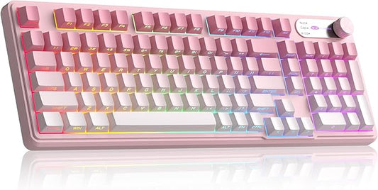 MageGee GK960 Wireless Gaming Keyboard, RGB Tri-Mode Wired/BT/2.4G Creamy Keyboard with Number Pad, 4000mAh Battery, Knob Control, Side Printed Keycaps, 19-Key Anti-Ghosting for Win/Mac (Pink & White)
