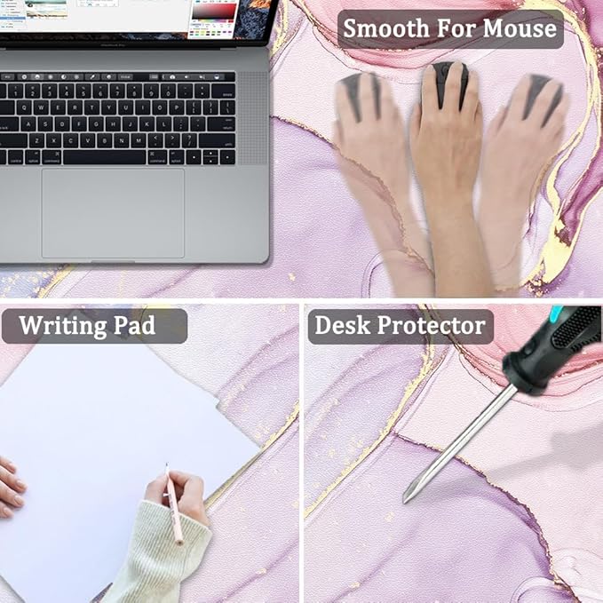 Large Mouse Pad, Desk Mat for Desktop, Dual Side PU Leather Waterproof Gaming Mousepad Desk Pad, Desk Protector Writing Pads Desk Accessories for Office and Home (A-Pink Marble, 31.5''X15.8'')
