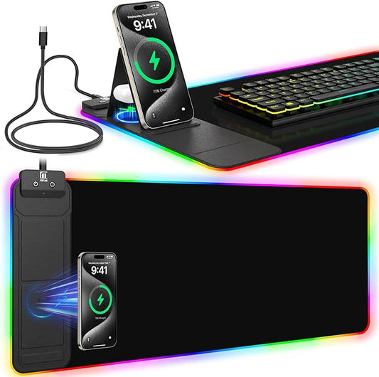 RGB Mouse Pad with Foldable Phone Stand & Wireless Charger, 31.5"x11.8" XL Gaming Mousepad Large Desk Mat, Desk Pad with Dual Charging for Phone & AirPods | 11 Colors & 5 Modes | Waterproof
