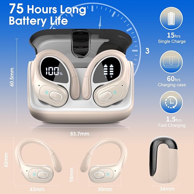 Wireless Earbuds 75hrs Bluetooth 5.4 Headphone Sport, 2026 Bluetooth Earbuds Stereo Deep Bass Over Ear Bud with Earhooks, ENC Noise Cancelling Mic, IPX7 Waterproof Earphone for Gym/Workout, Camel