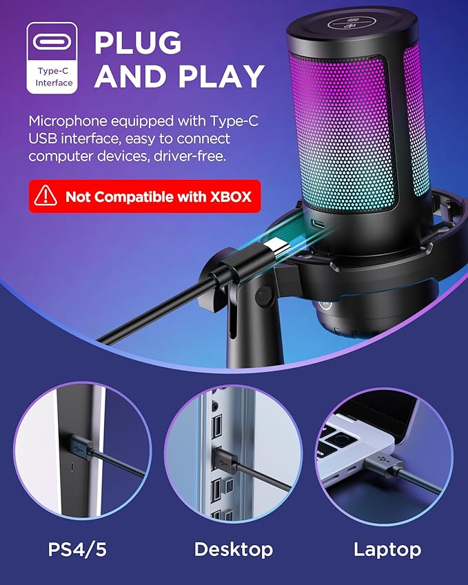 InnoGear Gaming USB Microphone, Noise Cancellation Condenser Mic with Mute, Gain, RGB Indicator, Boom Arm Stand for Streaming, Podcast, Twitch, YouTube, Discord, PC, Computer, PS4, PS5, Mac, Black