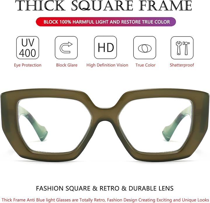 AIEYEZO Thick Frame Blue Light Glasses Men Women, Fashion Square Computer Eyeglass Anti Eyestrain & Prevent Headache