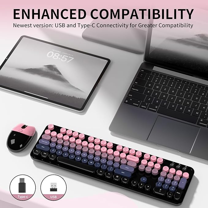 Wireless Keyboard and Mouse, MOFII 104 Round Keycaps Retro Typewriter with OTG & Brush, Full-Size Ergonomic, Ideal for Windows PC, Home, Office and College Peach Pink