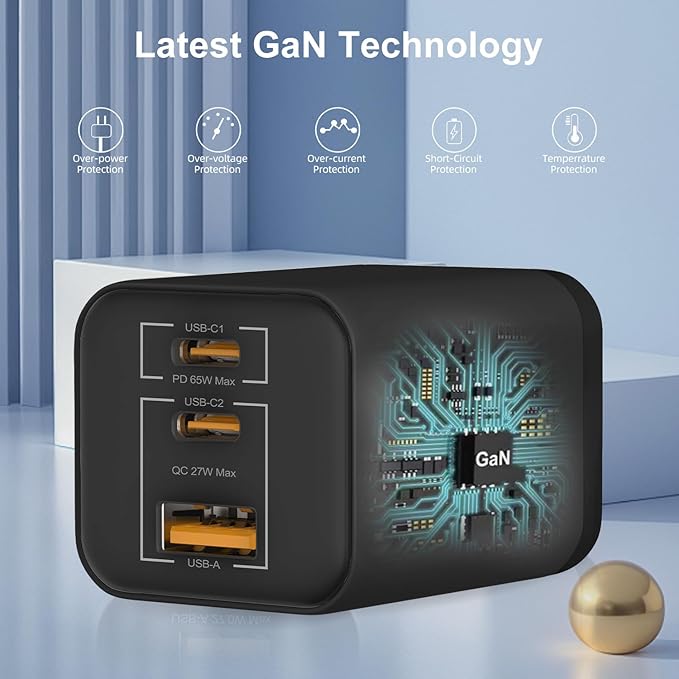 65W USB C Charger,3-Ports PD3.0 GaN Charger for Travel, Fast Charger USB C for MacBook Pro/Air, iPad, Galaxy S24 Ultra, Dell XPS, iPhone 15 Pro and More(Black)