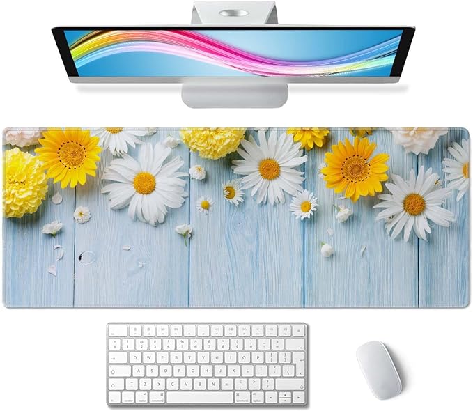 Desk Mat Flowers and Wood Large Keyboard Mouse Pad for Laptop PC Setup Desk Cover Protector Desk DéCor for Office Home Work Gaming 31.5" X 11.8" Stitched Edge Non-Slip Design
