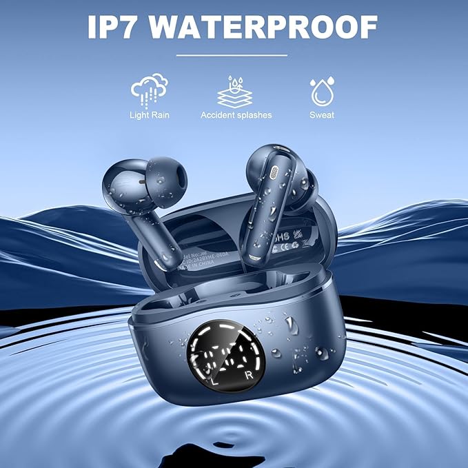 Wireless Earbuds, 2025 Bluetooth 5.4 Headphones NEW Ear Buds 40H Bass Stereo in-Ear Earphones ENC Noise Cancelling Earbuds with 4 HD Mic, USB-C LED Display IP7 Waterproof Sport Headset for Android iOS