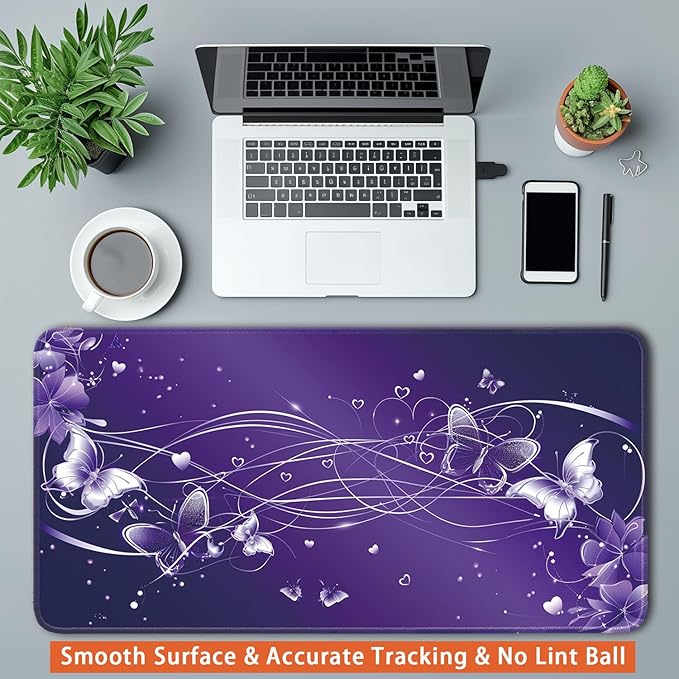 Desk Pad Protector, Office Desk Mat, Large Mouse Pad, Non-Slip Desk Blotter, 23.6x11.8 inch, Purple Butterfly