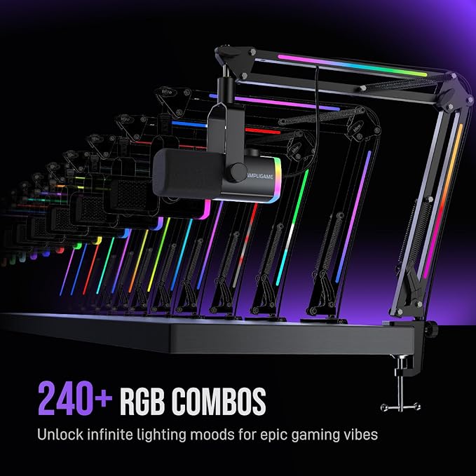 FIFINE Gaming Microphone Kit, XLR/USB Dynamic PC Microphone with Boom Arm for Podcast Recording, RGB Streaming Mic Set, Tap-to-Mute, Mix Control, Headphone Jack-AmpliGame AM8PROT