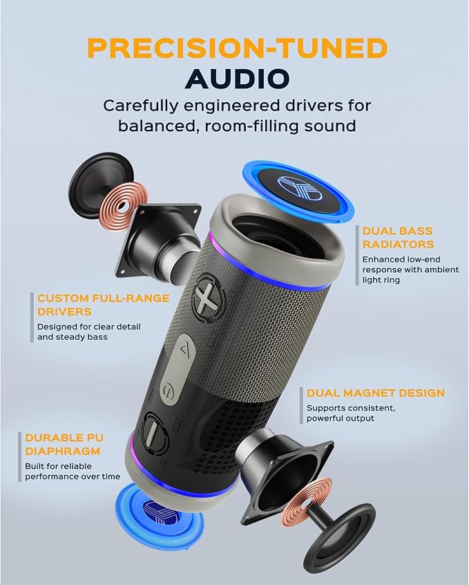 TREBLAB HD77 – Waterproof Bluetooth Speaker, 25W Loud 360° Sound, Deep Bass, IPX7, TWS Pairing, RGB Lights, 20H Battery, Portable Wireless Speaker for Outdoor, Beach, Camping, Party, Travel