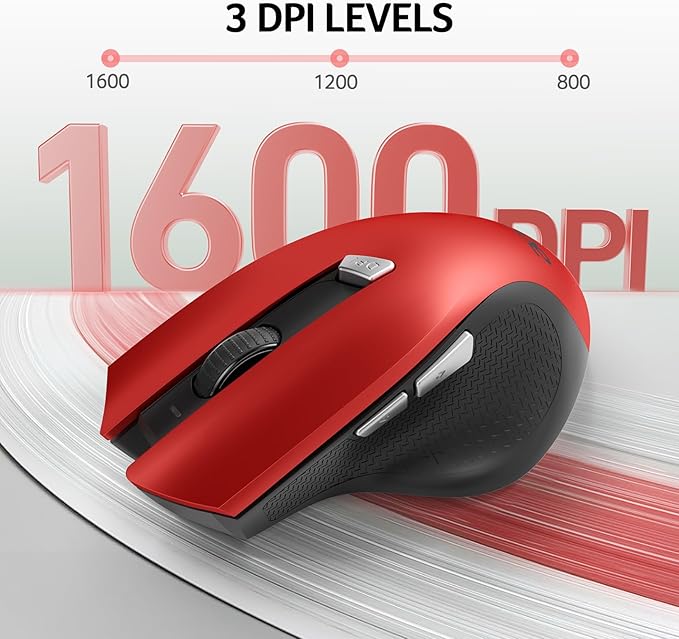 acer Wireless Mouse for Laptop, 2.4GHz Computer Mouse 3 Adjustable DPI Office Cordless USB Mice with USBA Receiver, 6 Buttons, 1600 DPI, Medium to Large Sized Hands (Red)