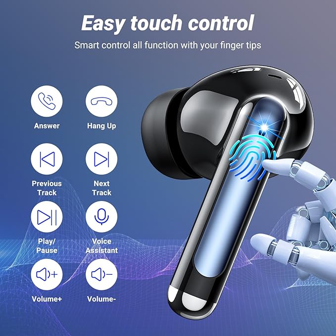 Wireless Earbuds Bluetooth 5.4 Headphones HiFi Stereo 42H Playback in Ear with 4 ENC Noise Cancelling Mic, IPX7 waterproof and LED battery display screen for Running Fitness Office Ear Buds in Black