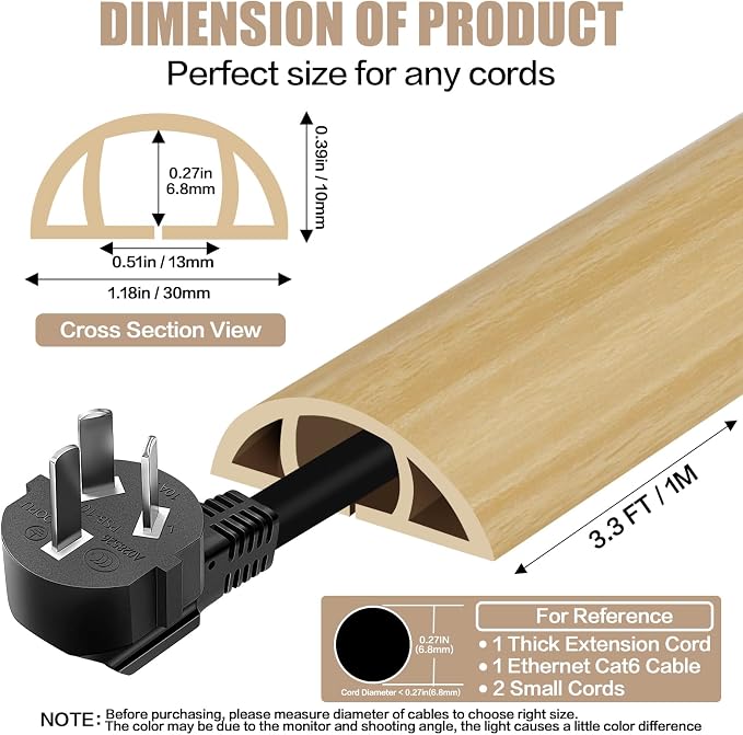 Floor Cord Cover Self Adhesive Cord Hider,3.3FT Cable Management, Extension Strip Protector for Wires, Prevent Cable Trips for Offices, Gyms, Exhibitions Cavity:0.39"(W) x0.27(H) WoodLightyellow - Image 2